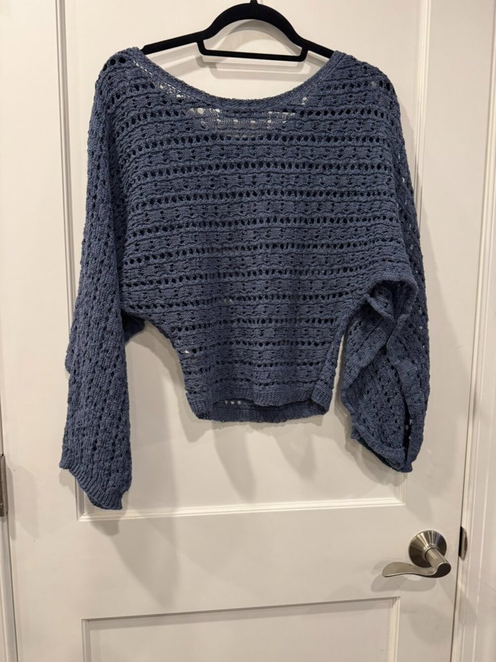 Zara Open-Knit Slate Blue Cropped Batwing Sweater - Women's Medium
